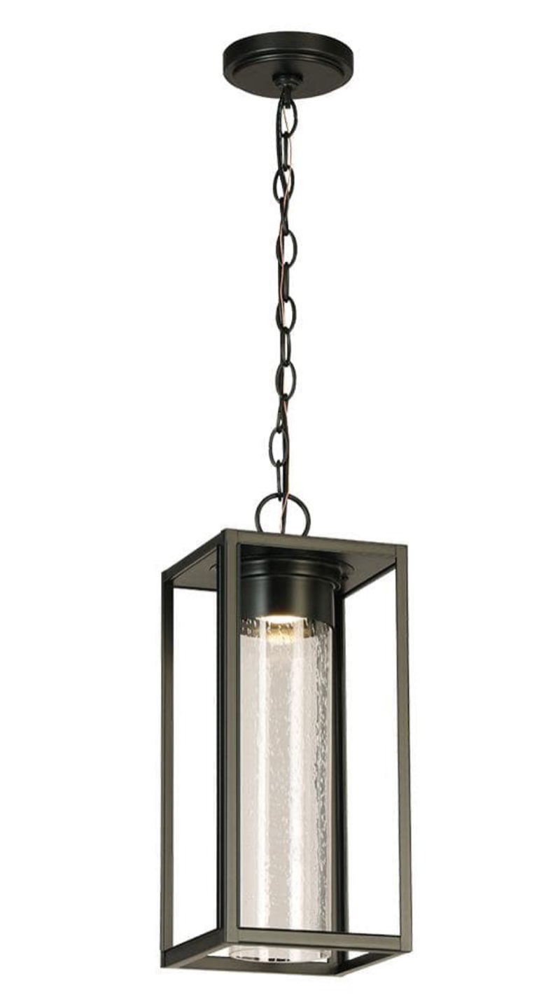 Walker Hill 7.36 in. W x 17.64 in. H 1-Light Matte Black Integrated LED Outdoor Pendant Light with Clear Seedy Glass