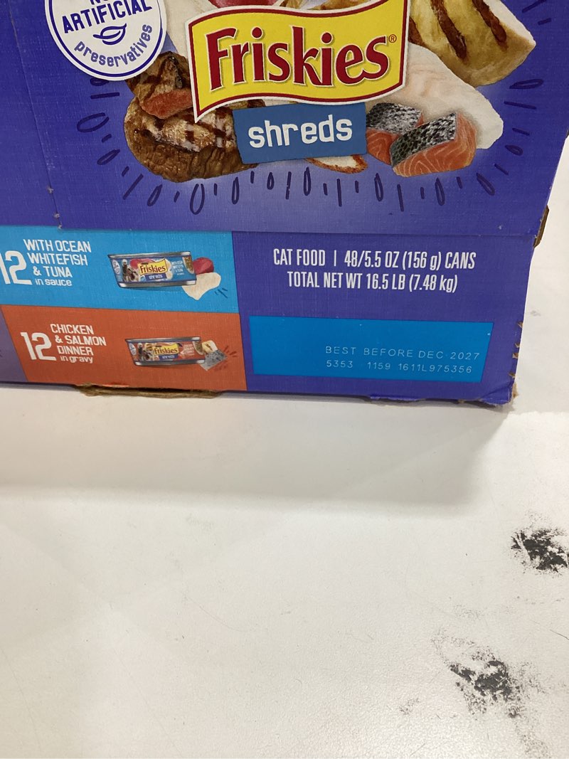 Condition photo showing Good Condition for Purina Friskies Wet Cat Food Variety Pack, Shreds With Beef, Turkey and Cheese Dinner, Chicken and Salmon Dinner, and With Ocean Whitefish and Tuna - 48 ct. Can 16.5 Pound (Pack of 1)