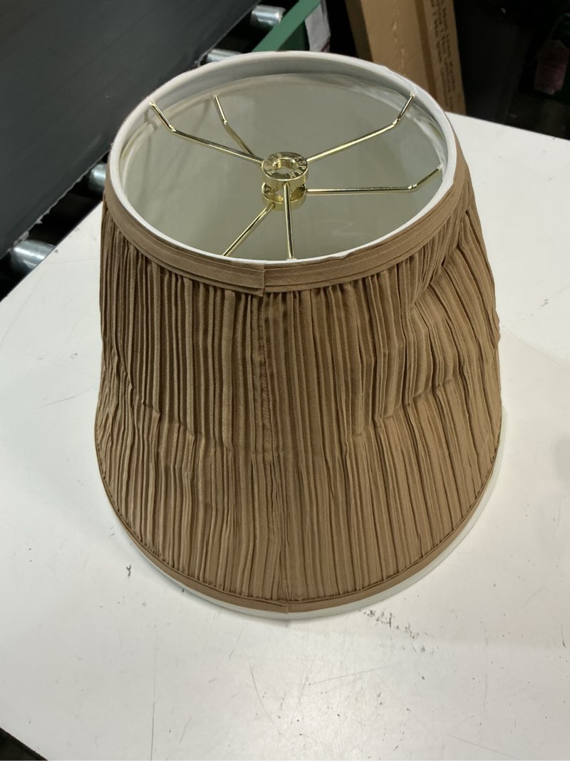 Condition photo showing As Is for aspen creative 32072, hardback empire transitional spider lamp shade, mushroom pleated sienna brown, 7" top x 13" bottom x 10" slant
