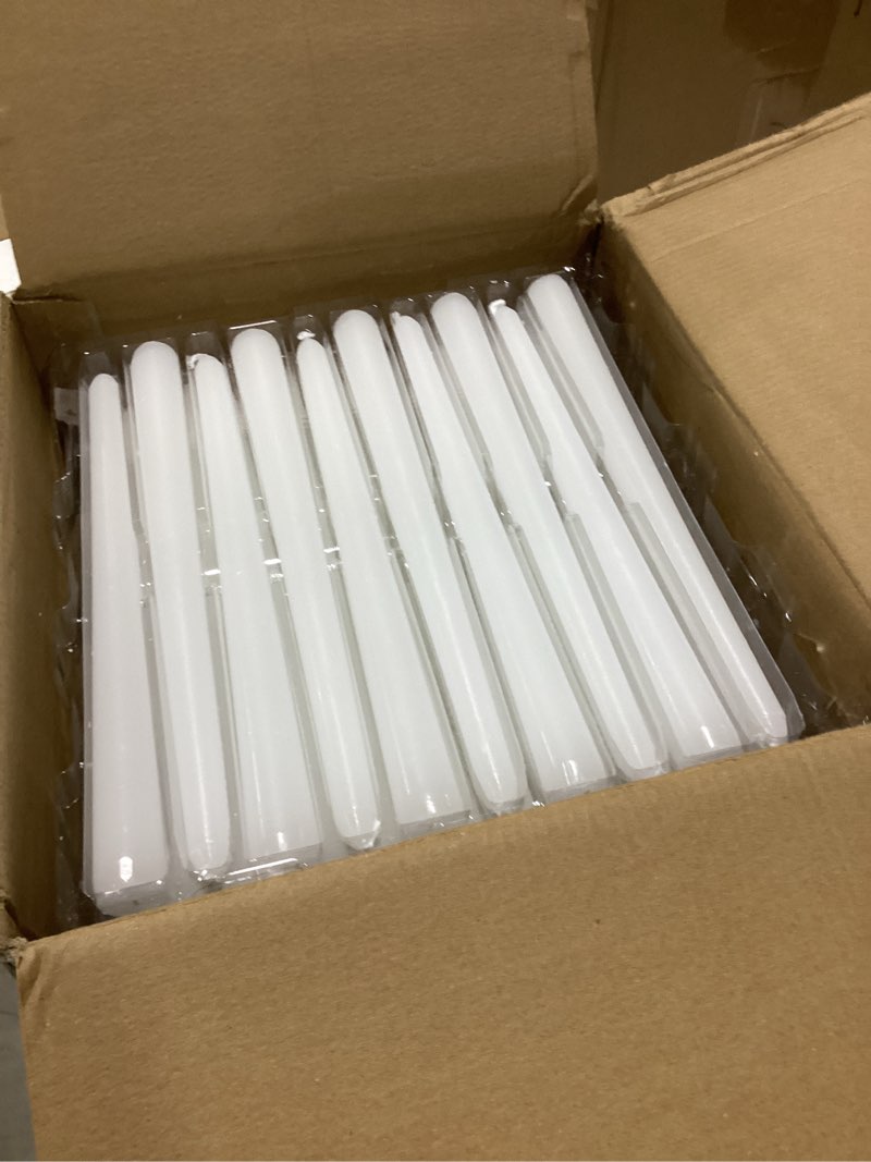 Condition photo showing As Is for 100pack white taper candles, 7-8 hours burn time, unscented, smokeless and dripless, 0.75 x 10 inch dinner candle set for household, wedding, party and home décor candlesticks white-100