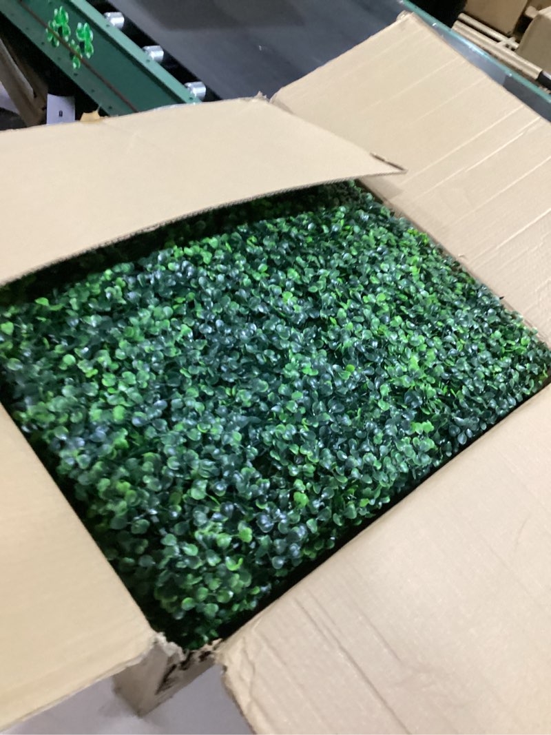 Condition photo showing As Is for artificial grass wall panel backdrop: 20"x20"(16p) uv-anti greenery faux boxwood hedge for indoor outdoor green decor & backyard background decorations fence covering privacy