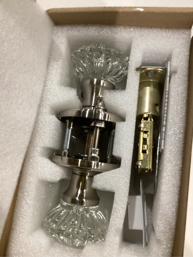 Condition photo showing Good Condition for Cielsa Dawn Glass Door Knobs Interior with Lock, Satin Nickel Door Handles, Crystal Door Knobs with Lock(Satin Nickel, Privacy) 1 Pack