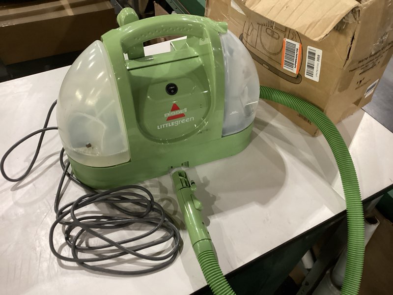 Condition photo showing As Is for *Not Tested* Missing hose end, BISSELL Little Green Multi-Purpose Portable Carpet and Upholstery Cleaner, Car and Auto Detailer, with Exclusive Specialty Tools, Green, 1400B