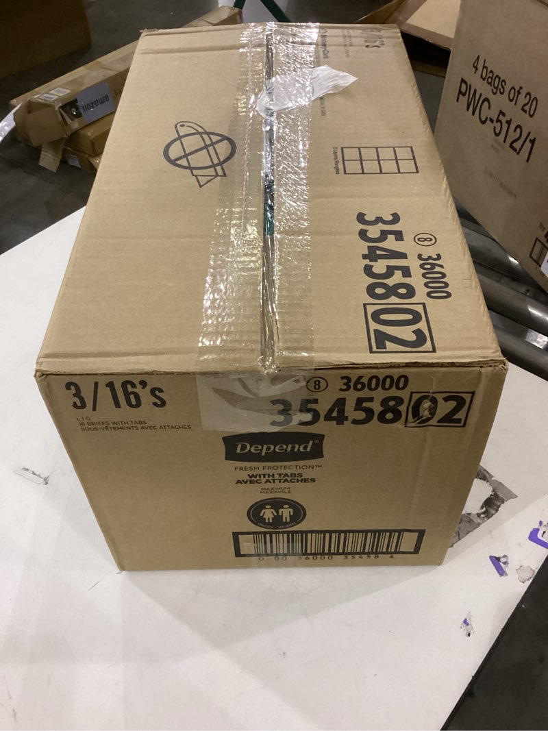 Condition photo showing New/Like New for Depend Incontinence Protection with Tabs, Unisex, Large (35–49" Waist, over 170 lbs), Maximum Absorbency, 48 Count (3 Packs of 16) Large (48 Count)