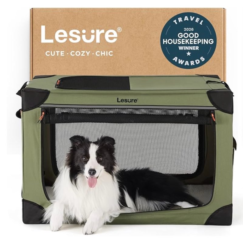 lesure shown on today show soft collapsible dog crate - 26 inch portable travel crate for small dogs indoor & outdoor, 4-door foldable pet kennel with mesh windows, green