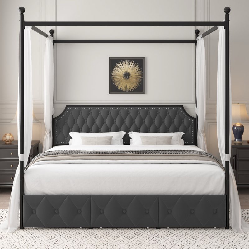 Artevious Upholstered Metal Canopy Storage Bed (King Size)