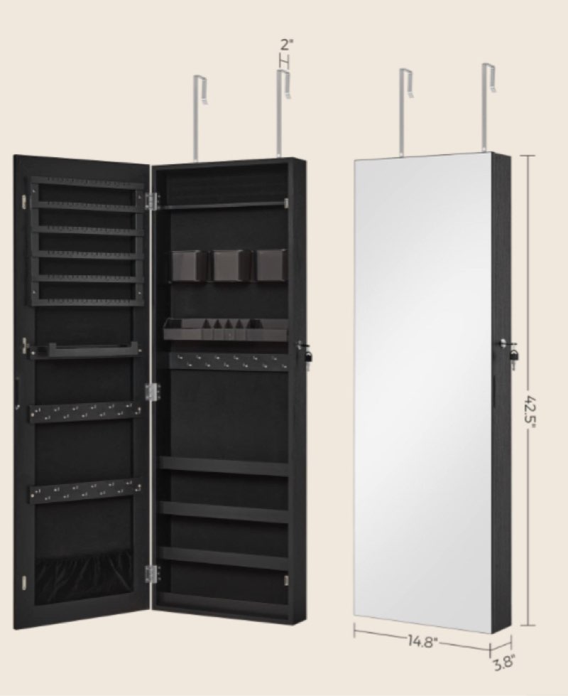 songmics mirror jewelry cabinet armoire, wall or door mounted jewelry storage, hanging lockable frameless with 2 plastic cosmetic organizers, gift idea, black ujjc001b01