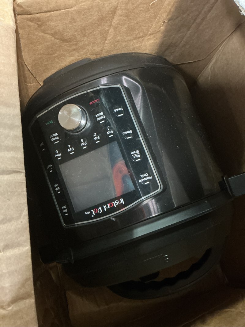 Condition photo showing As Is for instant pot pro 10-in-1 pressure cooker, slow cooker, rice/grain cooker, steamer, sauté, sous vide, yogurt maker, sterilizer, and warmer, includes app with over 800 recipes, black, 6 quart 6 quarts