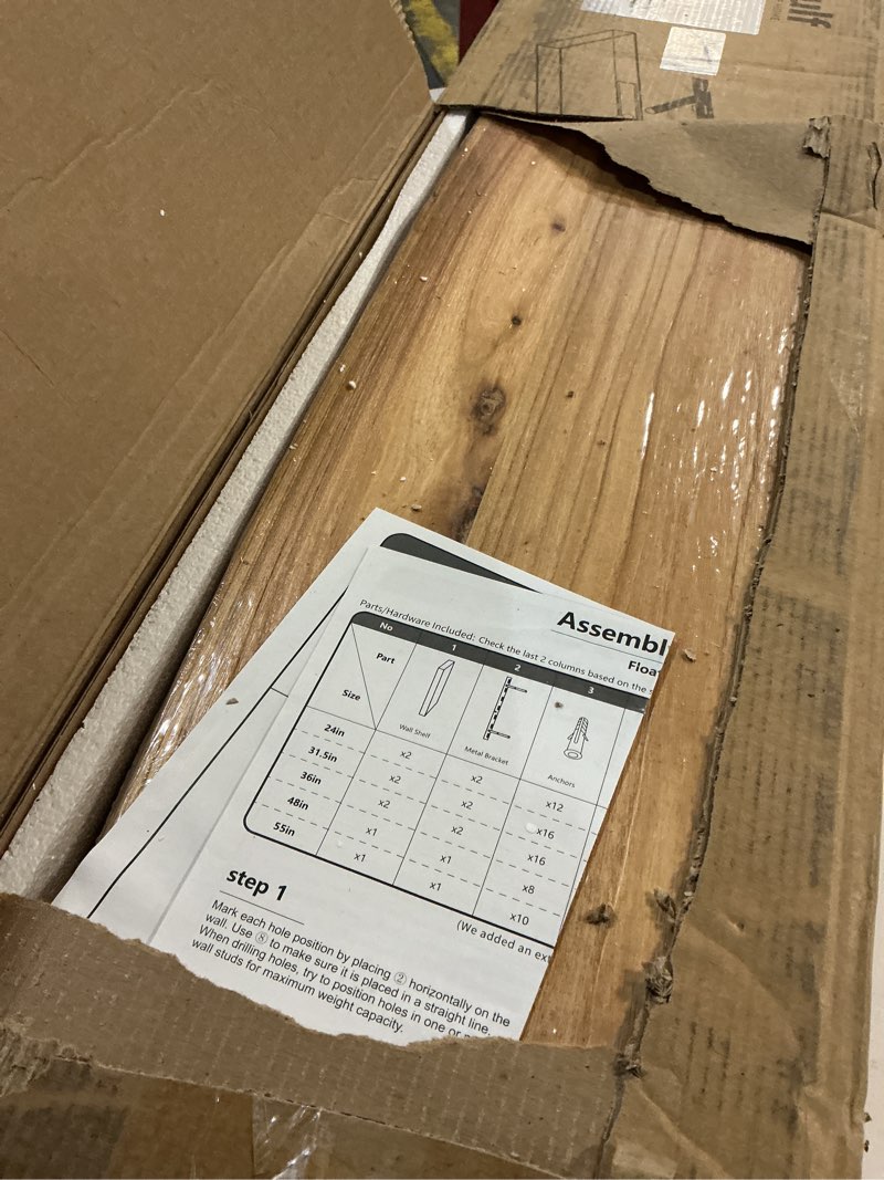 Condition photo showing Good Condition for Realgulf Floating Shelves Set of 2, Solid Elm Wood Wall Shelves 32 Inch - Invisible Bracket Mount for Living Room, Bedroom, Kitchen, Bathroom - Natural Natural Elm Live Edge, 32"L, 2Packs