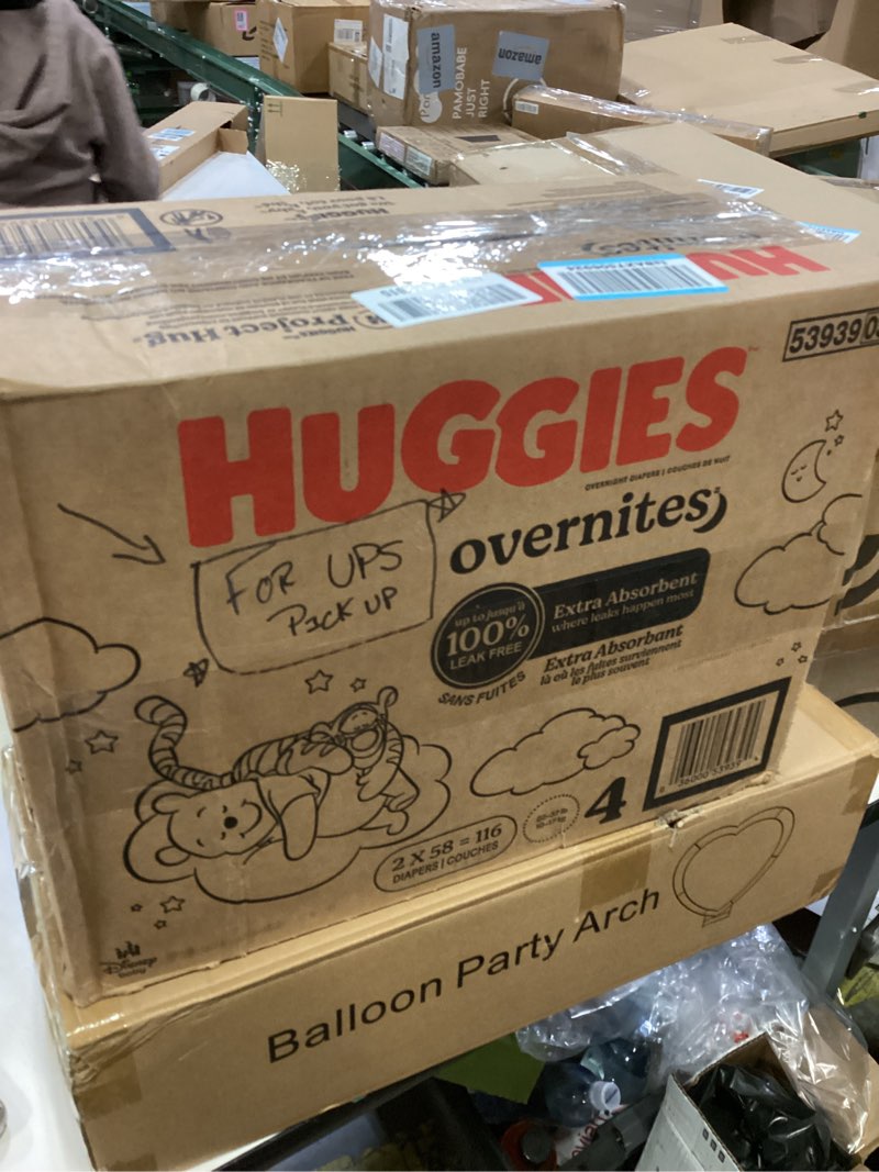 Condition photo showing New/Like New for Huggies Size 4 Overnites Baby Diapers: Overnight Diapers, Size 4 (22-37 lbs), 116 Ct (2 Packs of 58), Packaging May Vary Size 4 116