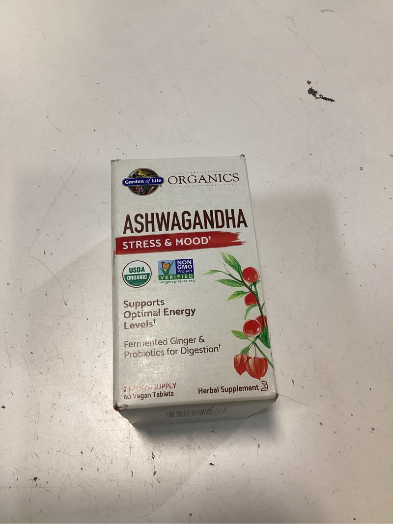 Condition photo showing New/Like New for Garden of Life Organic Ashwagandha Supplement with Probiotics & Ginger - Stress, Mood & Energy Support, Vegan, Gluten Free, Non GMO, 2 Month Supply, 60 Tablets