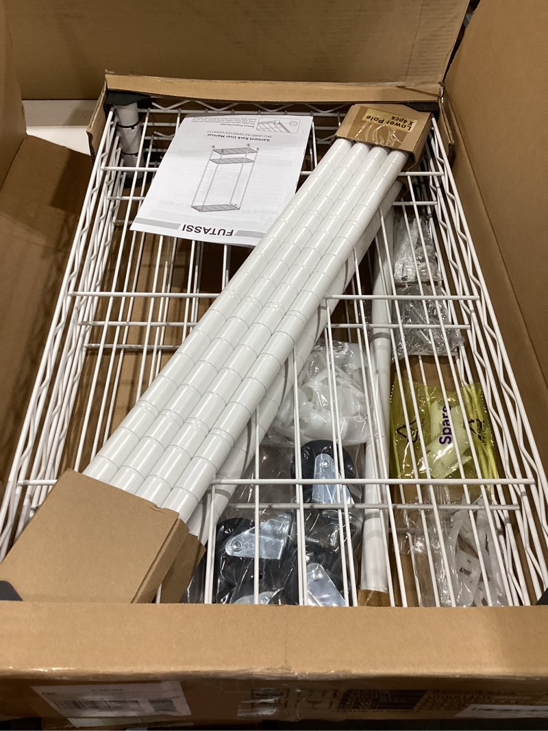 Condition photo showing Good Condition for futassi p6 mini rolling clothes rack heavy duty, clothing racks for hanging clothes, freestanding garment rack with wheels, portable closet rack max load 360lbs, 23.6''w x 14''d x 74.6''h, white white p6 mini