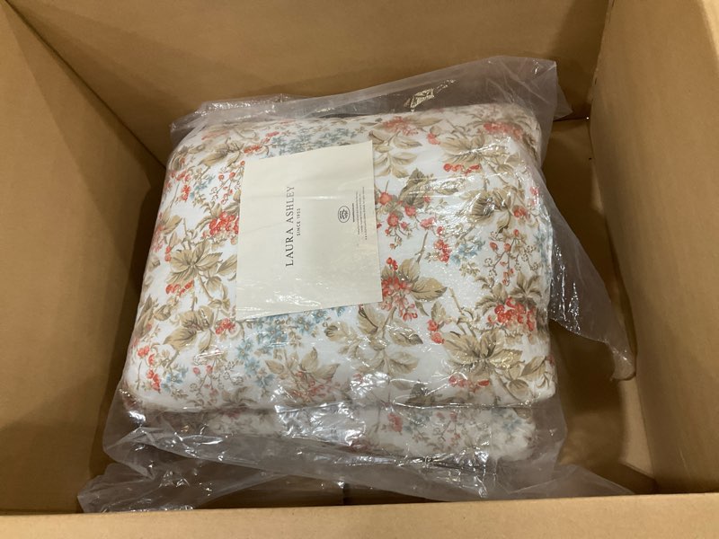 Condition photo showing Good Condition for laura ashley - queen comforter set, reversible cotton bedding with matching shams, floral home decor with plaid reverse (bramble floral beige, queen) bramble floral beige queen