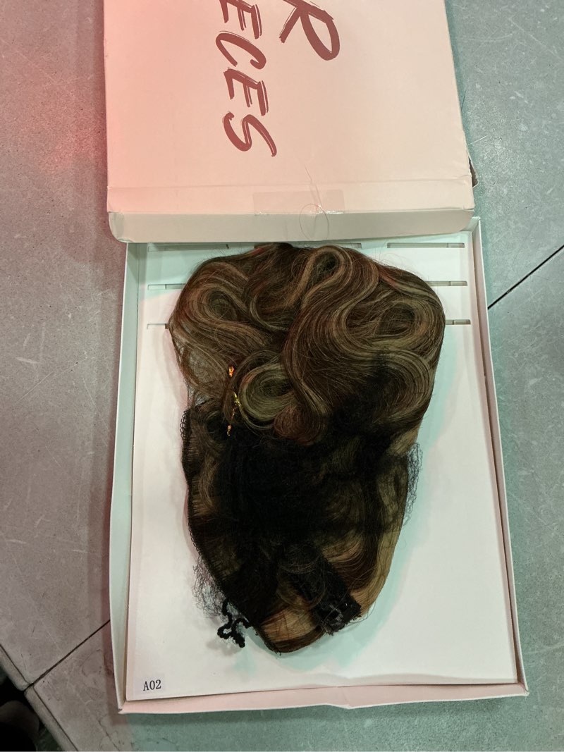 Condition photo showing New/Like New for halo hair extensions,prokyvity wavy halo hair extensions real human hair,invisible adjustable wire extensions for seamless blending 18 inch/65g medium brown streaked with dark blonde 18 inch wavy-medium brown streaked with dark blonde