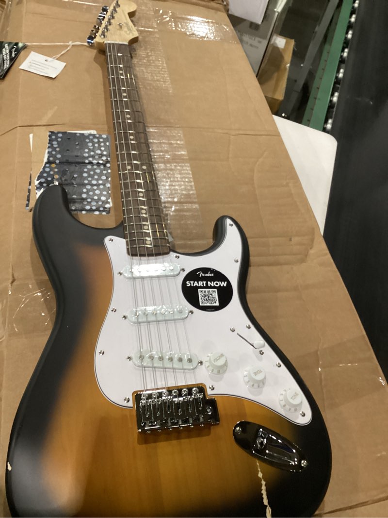 Condition photo showing As Is for fender squier debut series stratocaster electric guitar, beginner guitar, with 2-year warranty, includes free lessons, 2-color sunburst with matte finish