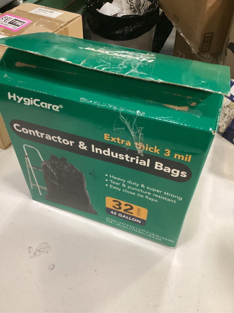 Condition photo showing New/Like New for hygicare contractor & industrial bags, 42 gallon, extra thick 3mil, heavy duty with tie flaps, 32.75" x 45.13", 32 count, for construction, industrial, & outdoor waste