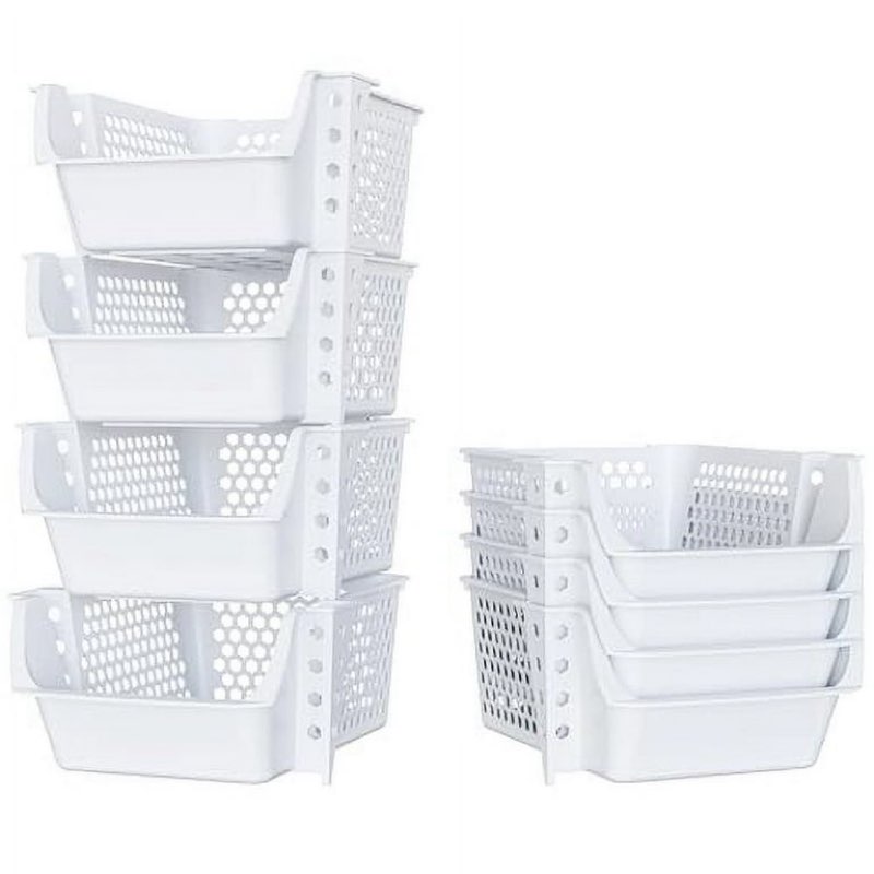 skywin plastic stackable storage bins for pantry - 4-pack stackable bins for organizing food, kitchen, and bathroom essentials (ivory)