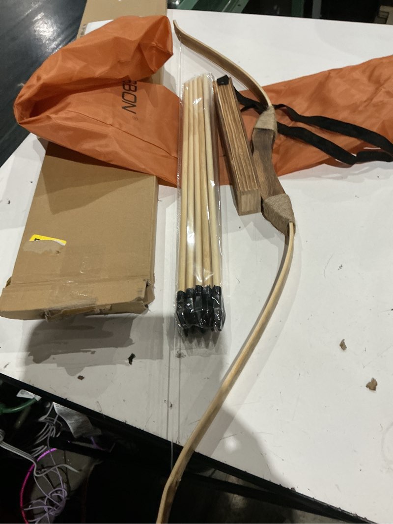 Condition photo showing As Is for kids bow and arrow set, 32 inch archery set handmade wooden toy bow and arrow for kids 4-6 8-12, cosplay game costume prop play, 1 bows 1 quivers and 10 wood arrows, gifts for youth boys & girls black