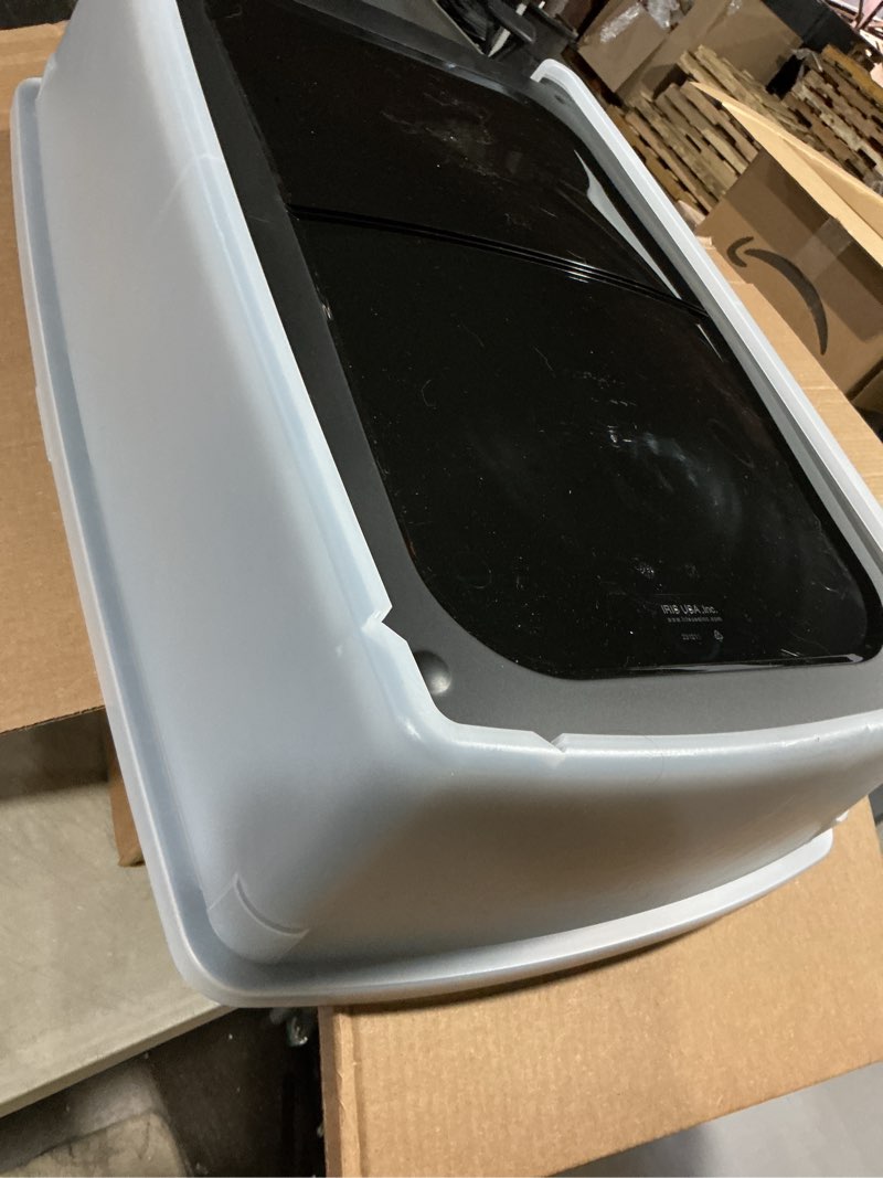 Condition photo showing As Is for (similar)extra large open top cat litter box with scatter shield, sturdy easy to clean open air kitty litter pan with tall spray, black