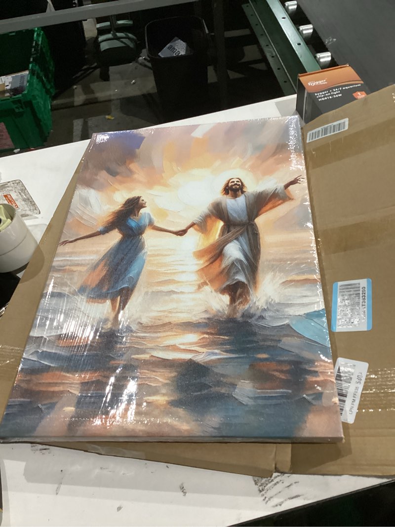 Condition photo showing New/Like New for Jesus and Women Walking On Water Canvas Wall Art, Oil Paint Stripe Painting Poster, Christian Wall Decor, Jesus Picture for Wall Living Room Church Bedroom Home Decoratio 16*24 IN(Stretched Canvas on A Wooden Frame) Jesus Canvas Stretched Canvas on A Wooden Frame 24"L x 16"W