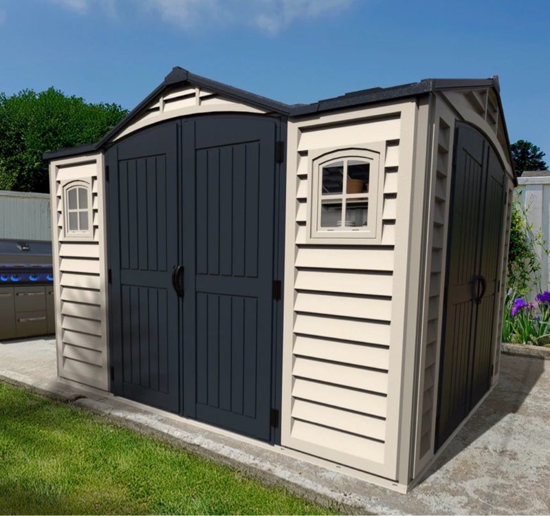 Duramax Apex Pro 10.5'X8' Plastic Vinyl Shed with Foundation, 2 Windows and Side Door 40116(incomplete box 4/5)