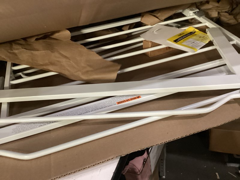 Condition photo showing As Is for regalo safety 29-38.5" baby gate for doorways & bottom of stairs, pressure mounted baby gate with door for babies, toddlers & pets, tested & safe for 30 years, american designed, american owned, white white 29-38.5"w x 30"h