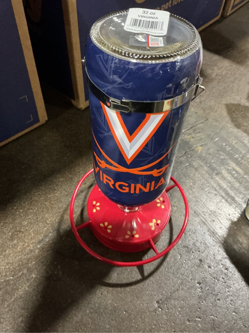 Condition photo showing New/Like New for Hummer's Galore, NCAA College Football Hummingbird Feeder, Glass Hummingbird Feeder with UV Resistant Plastic Wrap for Outdoors Hanging, 32 oz, (Virginia Cavaliers)