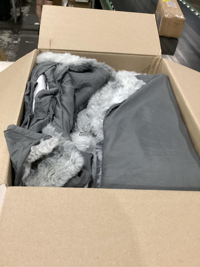 Condition photo showing As Is for wonderful 3 pieces fluffy faux rabbit fur bubble comforter set king size, tie-dyeing multiple grey plush fuzzy bedding set, warm soft bubble comforter bedding set for winter tie dye-grey king