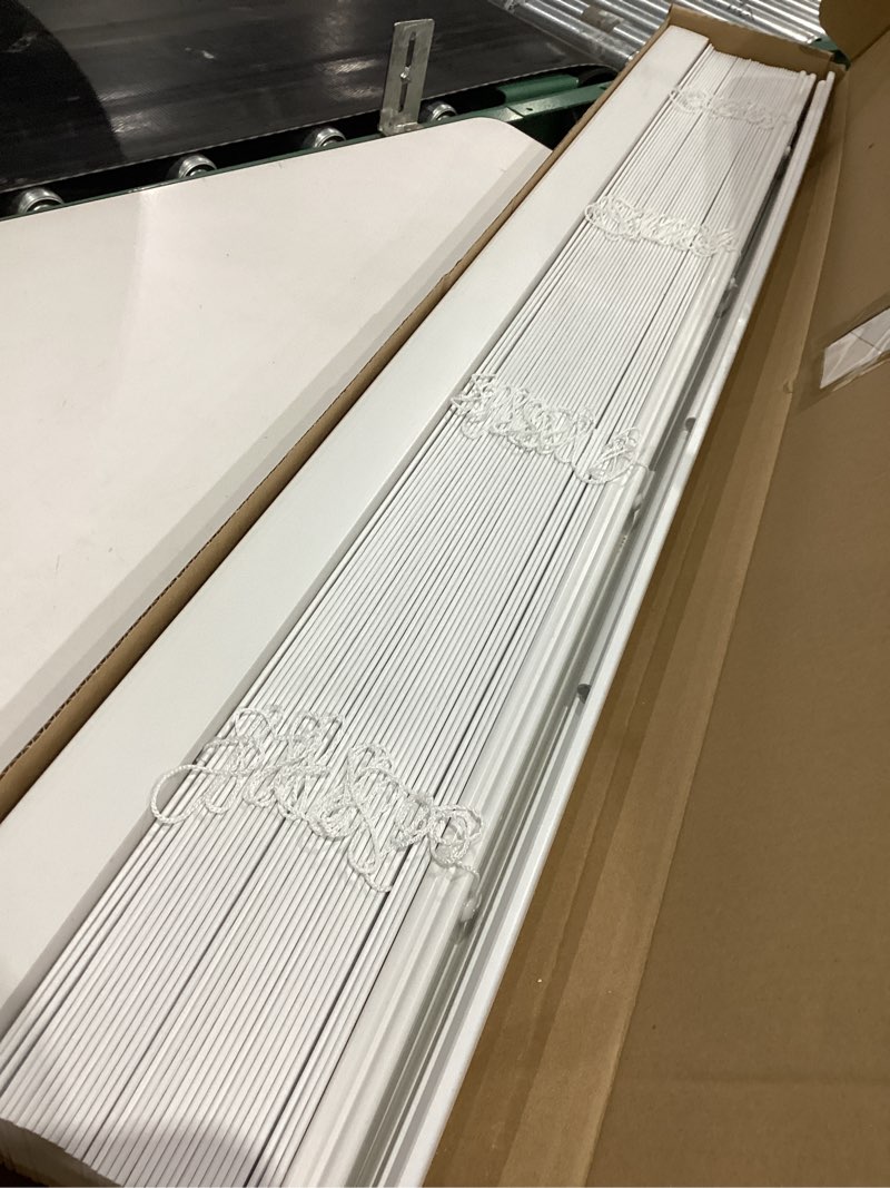 Condition photo showing Good Condition for arlo blinds faux wood blinds with crown valance - 40.5" width x 60" height, white, cordless window blinds & shades - blinds for indoor windows, 2" faux wooden blinds for home, window shades 40.5"w x 60"h white
