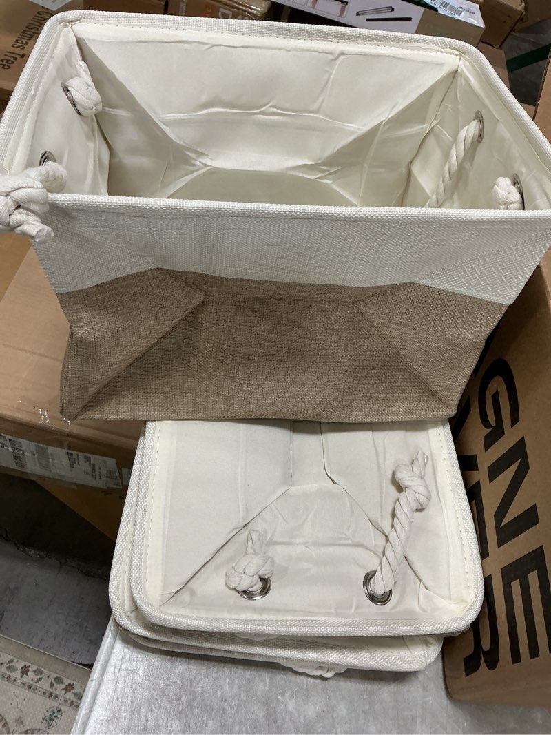 Condition photo showing Good Condition for Univivi Fabric Storage Cubes 12 inch Cube Storage Bins with Rope Handles, Storage Baskets Cubes Organizer for Home Shelf Closet (White&Beige Brown , 4-Pack) White&Beige Brown Hard Bottom 12 inch