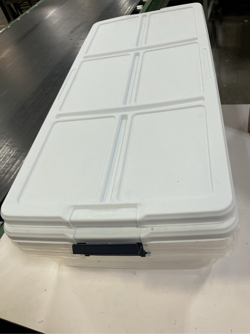 Condition photo showing As Is for project source large 13-gallons (52-quart) clear, white underbed tote with latching lid pack of 2