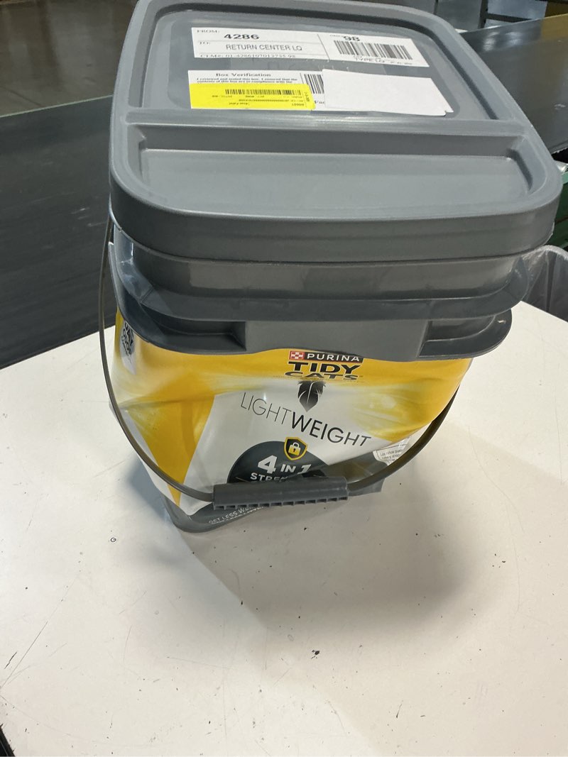 Condition photo showing As Is for purina tidy cats 4-in-1 strength lightweight cat litter, floral scent, 17 lb pail