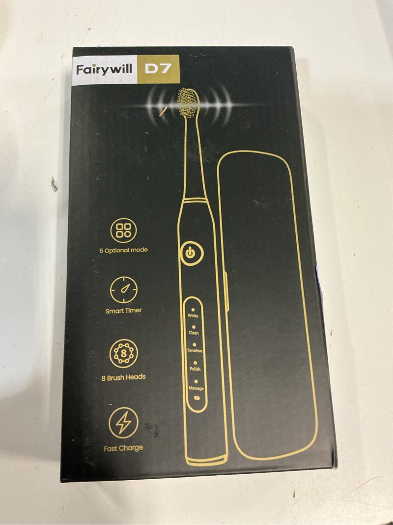 Condition photo showing New/Like New for fairywill d7s sonic electric toothbrush for adults, rechargeable with 6 dupont brush heads, 47000 vpm, 5 modes, fast charge,60-day battery, ipx7 waterproof, white