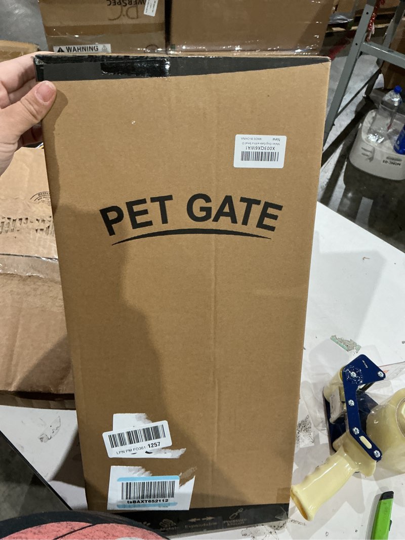 Condition photo showing New/Like New for malier dog gate with a small door, extra wide all metal short dog gate pet gate for stairs, 10'' tall pressure mount easy step over puppy gate low gate for doorways white 10''h × 26''- 41''w