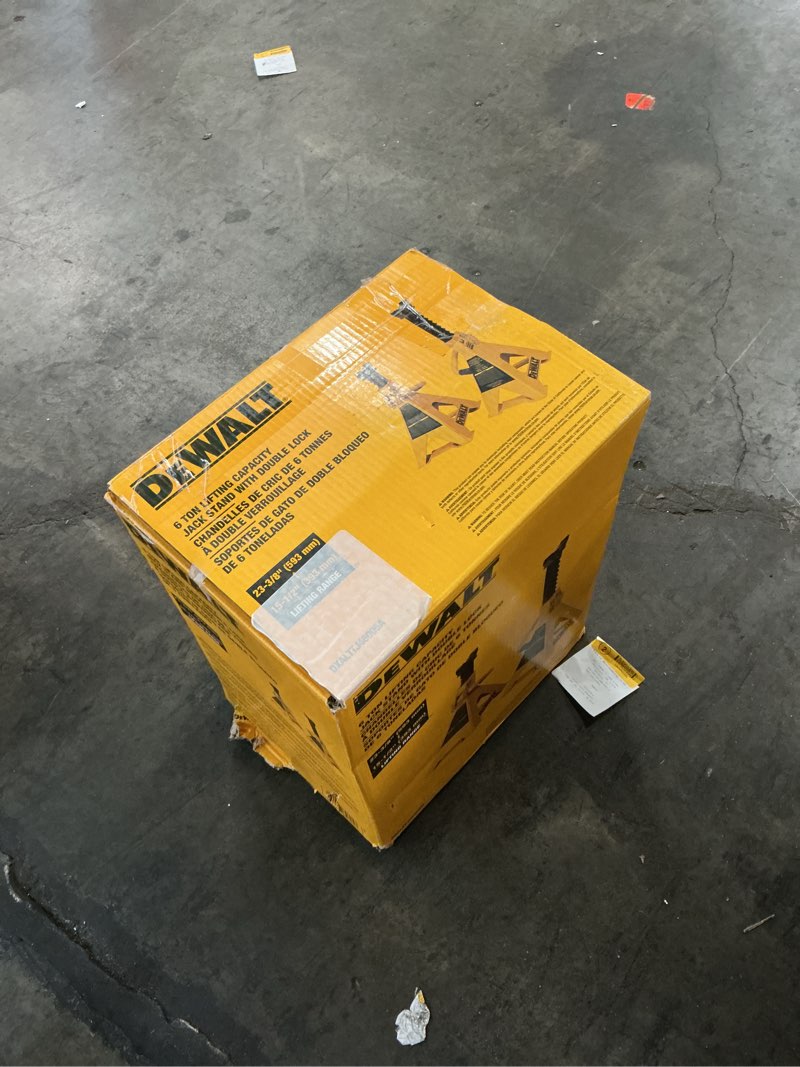 Condition photo showing As Is for dewalt yellow 6-ton steel manual jack stand