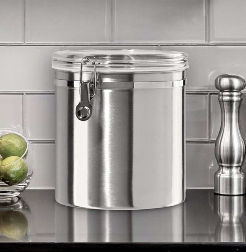 Oggi Stainless Steel Kitchen Canister 152 fl oz - Airtight Clamp Lid, Clear See-Thru Top - Ideal for Kitchen Storage, Food Storage, Pantry Storage. Jumbo Size 8\" x 8\". Stainless Steel 152 Fluid Ounces Airtight Canister