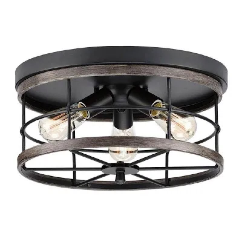 Fairforest Collection 15.75 in. 3-Light Matte Black Farmhouse Flush Mount with Aged Oak Accents