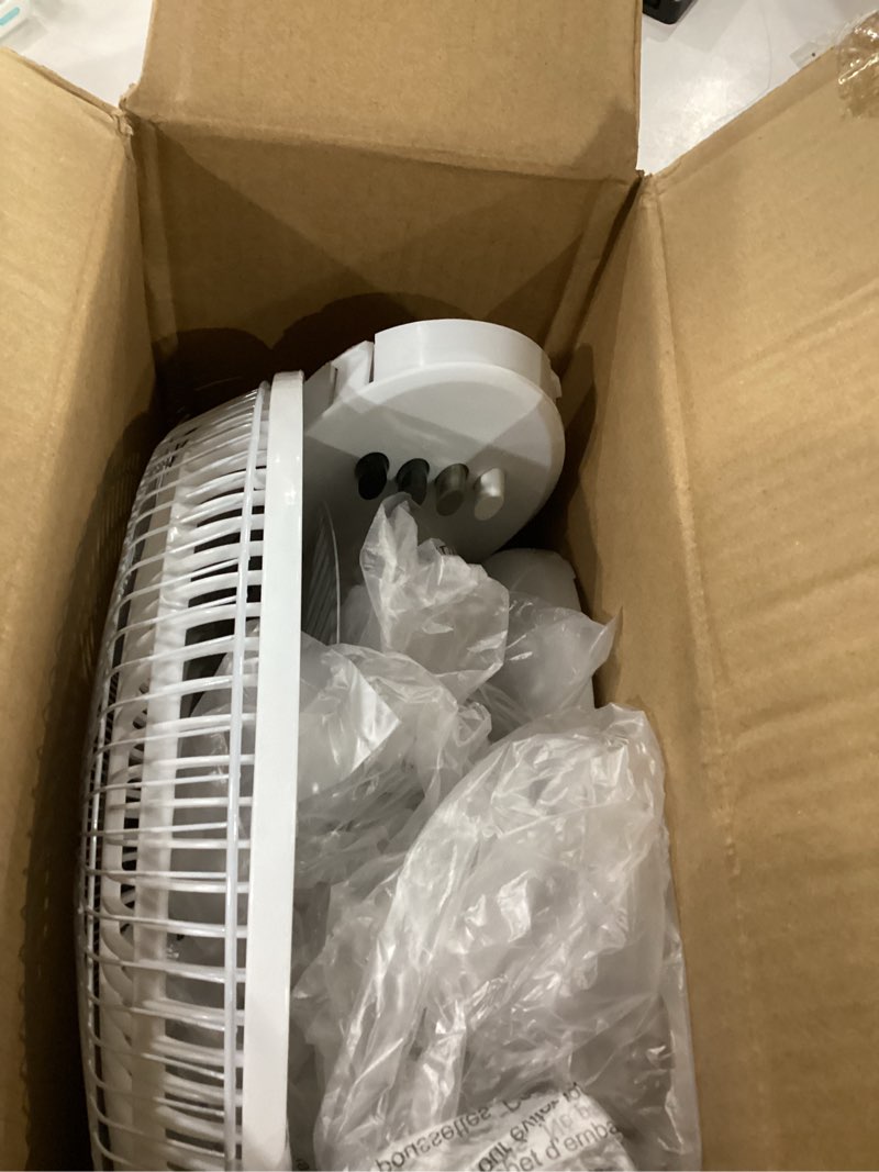 Condition photo showing As Is for shinic 12-inch oscillating table fan, 3-speed quiet desk fan with adjustable tilt & safety grill, etl listed portable tabletop fan for bedroom, home office, kitchen, dorm