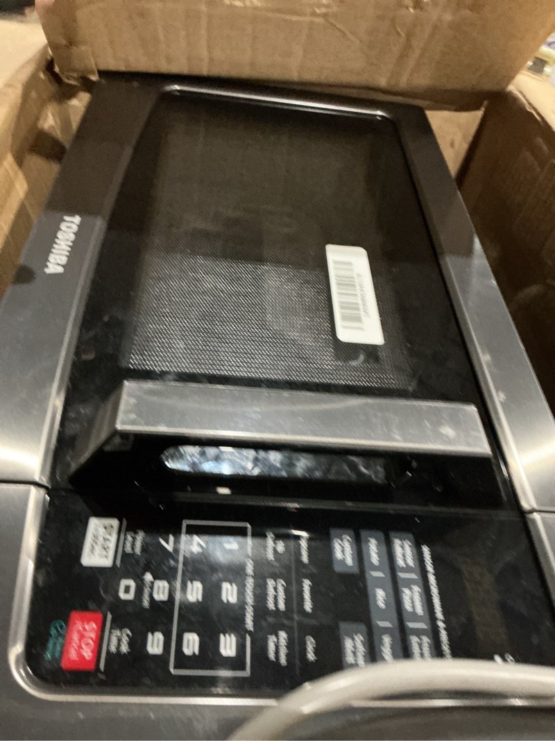 Condition photo showing As Is for toshiba em131a5c-bs countertop microwave ovens 1.2 cu ft, 12.4" removable turntable smart humidity sensor 12 auto menus mute function eco mode easy clean interior black color 1000w 1.2 cu.ft