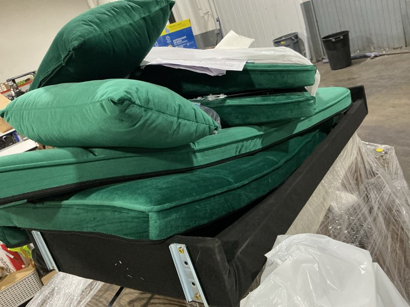 Condition photo showing As Is for (similar to stock photo) convertible futon sofa bed, modern futon couch with 2 pillows, small futons couch with adjustable armrest & backrest, loveseat sofa bed for living room, bedroom, green green-es