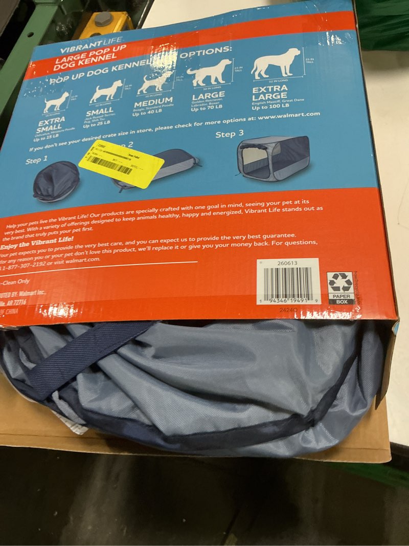 Condition photo showing Good Condition for vibrant life soft-sided pop open dog kennel, blue, large