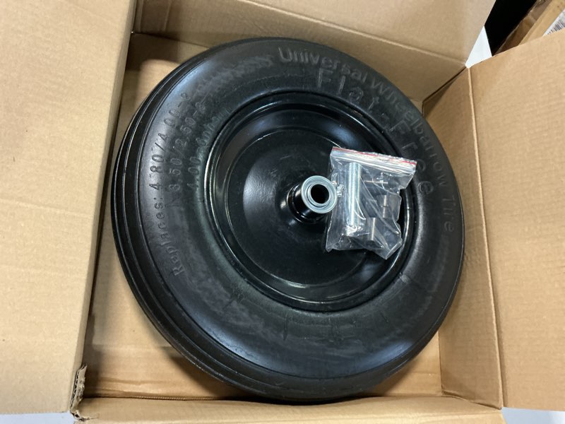 Condition photo showing New/Like New for rrq 4.80/4.00-8 flat free tire and wheel, 14.5" solid wheelbarrow wheel, universal fit 3"-7" hub, 3/4" bearings and 5/8" iron axle tube, replacement for hand truck, generator, cart and more (1-pack)