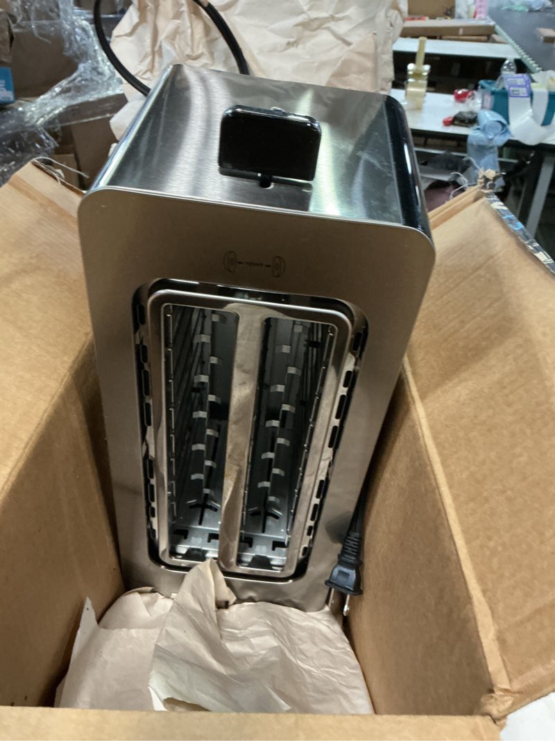 Condition photo showing As Is for Elite Gourmet ECT5924D SmartToast Digital Long Slot 4 Slice Toaster, 1.5” Wide Slots for Thick Breads & Bagel Function, LED Touch Screen, Countdown Timer, 6 Shades, Stainless Steel 4 Slice Black/Stainless Steel