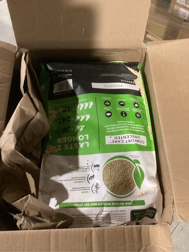 Condition photo showing As Is for world's best cat litter comfort care unscented 15-pounds - natural ingredients, quick clumping, flushable, 99% dust free & made in usa - long-lasting odor control & easy scooping 15lb