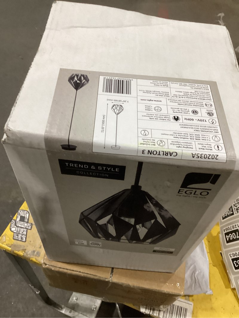 Condition photo showing New/Like New for EGLO 202035A Carlton 1 Pendant Hanging Adjustable Lighting Fixture with Geometric Shade for Kitchen Island, Hallway, and Dining Room, 7-Inch, Black/Silver