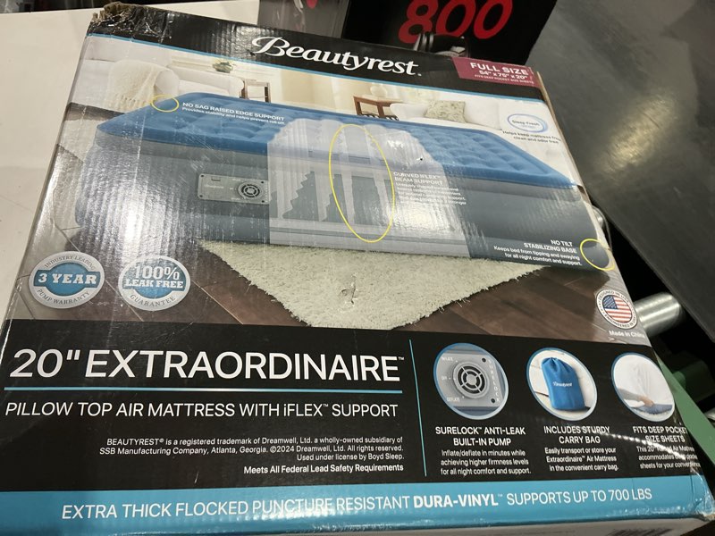 Condition photo showing As Is for beautyrest extraordinaire 20 inch full air mattress with built-in pump