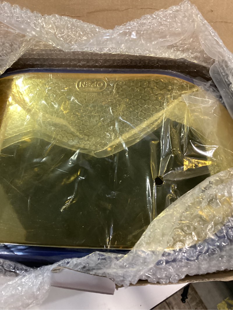 Condition photo showing New/Like New for bathroom set, 10pc bathroom accessory set, blue bathroom accessories, navy blue and gold bathroom set with trash can, soap dispensers navy blue bath set