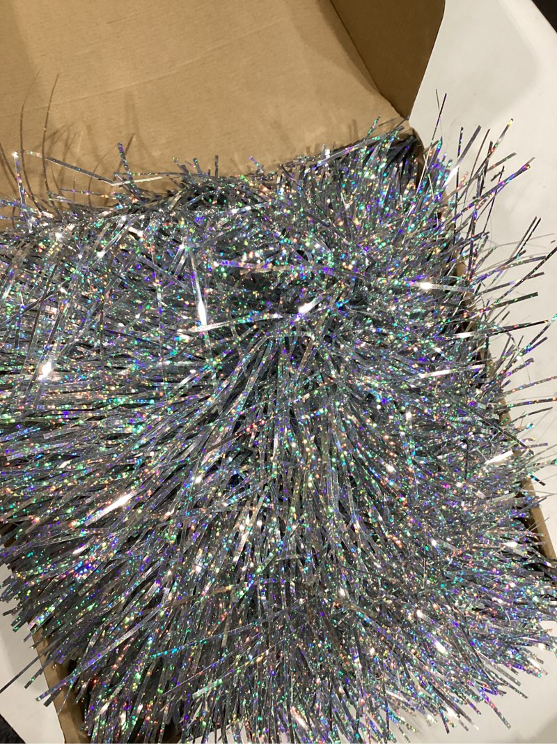 Condition photo showing Good Condition for 6 FT Shaggy Pop Up Christmas Tree with 100 Timer Lights and Remote, Silver Collapsible Artificial Tinsel Christmas Pencil Tree for Home Apartment Office Holiday Party Decor, Easy Assembly