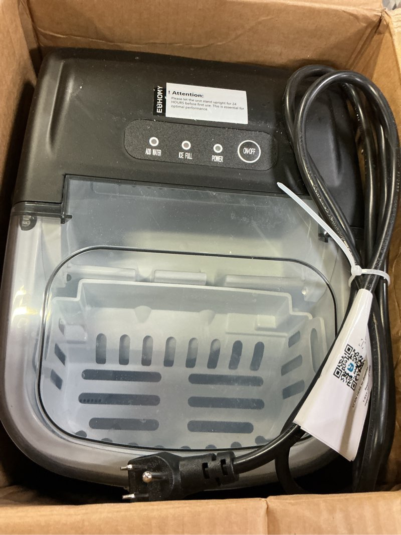 Condition photo showing Good Condition for euhomy countertop ice maker machine with handle, 26lbs in 24hrs, 9 ice cubes ready in 6 mins, auto-cleaning portable ice maker with basket and scoop, for home/kitchen/camping/rv. (black) black 26lbs
