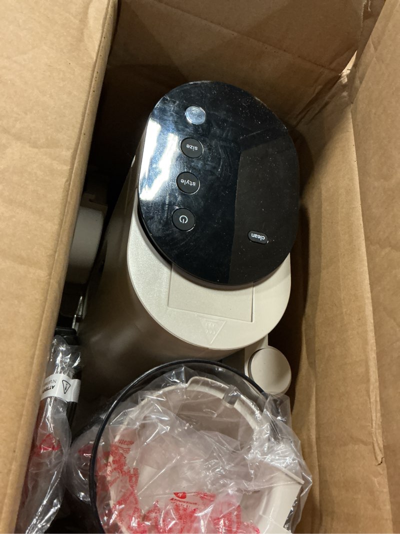 Condition photo showing As Is for ninja pod & grounds specialty single-serve coffee maker, k-cup pod compatible, brews grounds, compact design, built-in milk frother, 56-oz. reservoir, 6-oz. cup to 24-oz. mug sizes, stone, pb051st